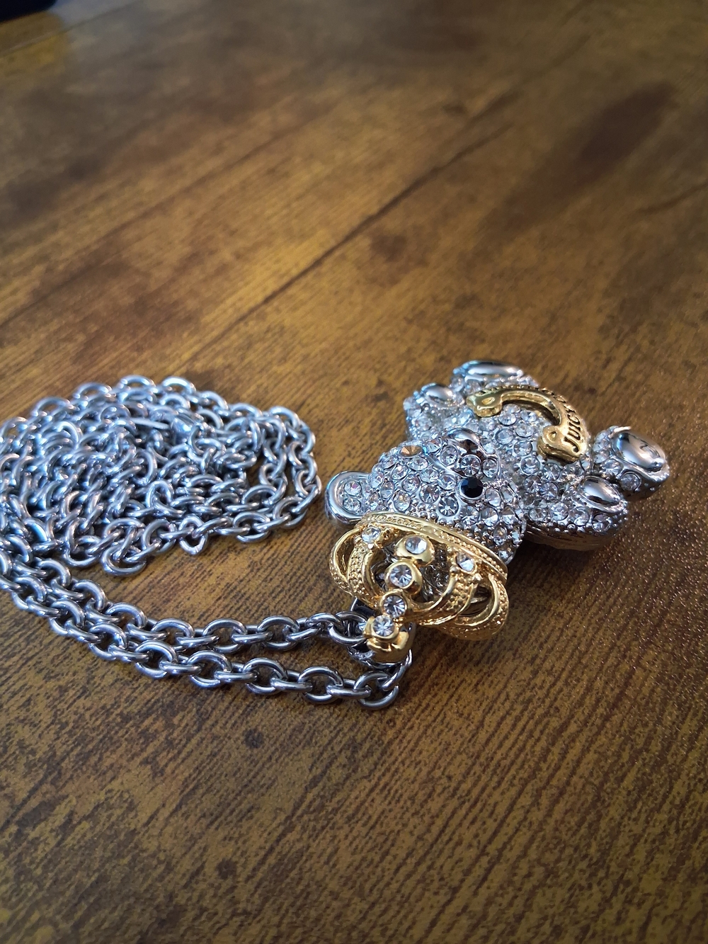 Vintage Juicy Couture Teddy Bear Pendant Necklace Rhinestone-Encrusted gold silv - Picture 8 of 11